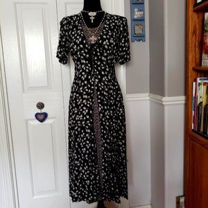 1990s Vintage Starina Black Floral Lace UP Dress